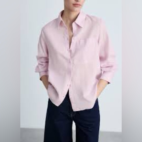 Mango Soft‎ Pink Pocket Linen Cotton Button Down Shirt Size 6 EUC - Picture 1 of 7